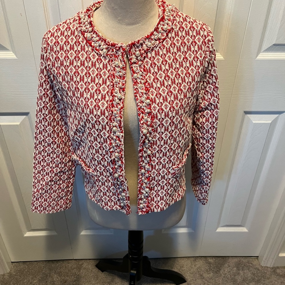 Imperial size M Women's Red Patterned Jacket with pearl Accents